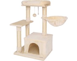 Krabpaal voor katten - Pluche bal en ligkom - Hoogte 85 cm - Kattenboom met sisal en pluche - Gezellige ligplek en hol - Incl. wandbevestiging - Geschikt voor kleine en grote katten - Beige