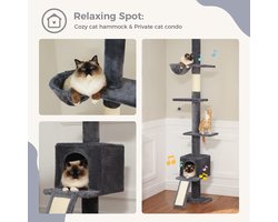 Krabpaal voor katten, van vloer tot plafond, in hoogte verstelbaar van 216 cm tot 273 cm, met veel activiteitenruimte, hangmat en kattenmandje, antivalriem, 5 niveaus, donkergrijs