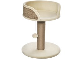 Krabpaal voor volwassen katten en kittens, krabpaal met ligbedje, jute paal en hangende bal, 40x40x49 cm, beige