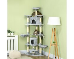 Krabpaal: Krabpaal XXL &ndash; 200 Cm &ndash; Met 2 Kattenhuisjes En 2 Hangmatten &ndash; Sisal En Pluche &ndash; Lichtgrijs &ndash; Meerlagig Speel En Rustmeubel
