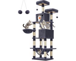 Krabpaal XXL 206 cm voor Grote Katten – Kattenboom met 13 Krabpalen, Krabhelling, 2 Grotten, Hangmat & Mand – Multilevel Klimboom – Rookgrijs – 55,5 x 46 x 206 cm