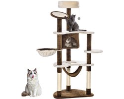 Krabpaal: Krabpaal XXL - Kattenboom - Krabmeubel - Klimboom - Met Hangmat - Kattenhuisje - Pluche - Spelen - Binnen - 153 cm - 1 Stuk - Bruin
