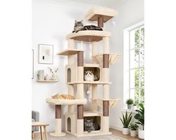Krabpaal: Krabpaal XXL - Kattenboom meubel - Katten spelen - Stevige constructie - 192 cm hoog - Beige