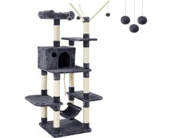 Krabpaal XXL klimboom stabiele met hangmat hol speelsisal 154 cm rookgrijs beige lichtgrijs PCT86G