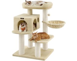 Krabpaal: Krabpaal XXL voor Grote Katten – 6 Sisal Krabpalen, Extra Stabiel, Met Hangmat en Kattenhuis, 112 cm Beige