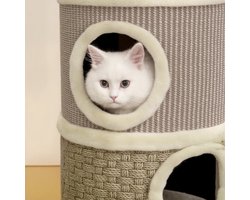 Krabton: Krabton 49 cm hoog Ø35,5 cm – Tweelaags Kattenhuis met Pluche Rand en Krabmat Khaki/Koffiebruin voor 2 Schuilplekken
