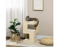 Krabton: Krabton Kattenhuis Met 3 Niveaus 34 X 34 X 60 Cm Pluche Eikenkleur Inclusief Speeltje Voor Slapen En Spelen