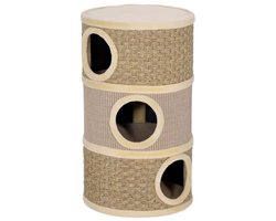 Krabton voor katten 3-laags krabpaal 45x45x79cm khaki met kattenhuis en krabgedeeltes zacht pluche oppervlak stevig en duurzaam frame eenvoudig te monteren ruimtebesparend geschikt voor binnengebruik