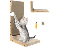 Krabplank: L-vormige kattenkrabplank van golfkarton, multifunctioneel staand krabbord met speelbal en pluimbal, slijtvast, beschermt meubels, voor binnenkatten en kittens