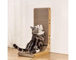 L-vormige krabplank 68 cm voor katten - wandgemonteerd krabkarton met interactief speelballetje - duurzaam karton ter bescherming van meubels - licht hout, groot formaat