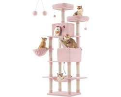 Large Multi-Tier Scratching Post 206 cm - XXL Cat Tree with 13 Scratching Posts, 2 Platforms, Caves, Basket and Hammock in Pastel Pink