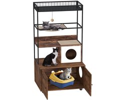 LeeuwenChoice® Luxe Katten Toren & Vitrinekast - Bruin Met Zwart Metaal - Kattebakmeubel Met Huisje, Hangmat, Krabpaal - Met Kattespeeltje - 80x48x152cm