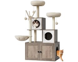 LeeuwenChoice® Luxe Kattenkrabpaal Met Kast - 2-In-1 Kattenboom Met Kattenspeeltjes - Kattenspeelgoed - 62x38x137cm