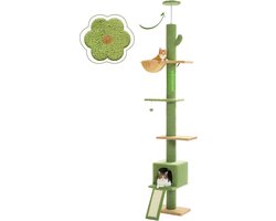 LifeStages® Road Cactus Kattenboom, van vloer tot plafond, in hoogte verstelbaar van 84" tot 108", kattentoren biedt ruime activiteitsruimte met hangmat en kattenhuis, anti-tip riem, groen