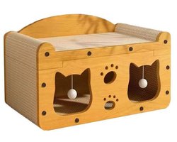 Luxe 3-in-1 Kattenhuis & Krabmeubel - Houten Voorpaneel met Golfkarton - 53x28x30 cm - Krabplank, Speelhol & Kattenmand - Inclusief Speelballetjes