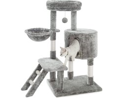 Luxe Krabpaal voor Katten, 102 cm Hoog, Grijs, met Mand, Hangmat en Krabmogelijkheden