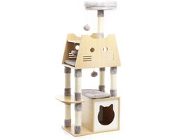 Luxe Krabpaal voor Katten - Hoge Krabboom met Huisjes en Speelgoed - 126 cm Grijs Hout