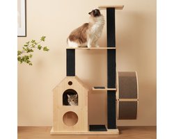 Massief-Houten-Kattenboom-Met-Looprad-80x40x152cm-4-Plateaus-2-Huizen-Wasbare-Krabmatten