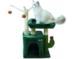MaxxPet Krabpaal - Kattenspeeltuig Cactus - Krabton - Kattenhuis - Kattenkrabpaal 3 verdiepingen - 1 ligplek + Kattenhuisje met extra speeltjes - 40x30x75cm - Groen