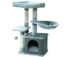 MaxxPet Krabpaal - Kattenspeeltuig - Krabton - Kattenhuis - Kattenkrabpaal 4 verdiepingen - 3 ligplekken + Kattenhuisje met extra speeltjes - 40x30x77cm - Grijs