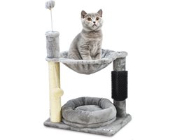 MaxxPet Krabpaal - Kattenspeeltuig - Krabton - Kattenkrabpaal 2 verdiepingen - Kussen + Hangmat met extra speeltjes - 40x30x64cm - Grijs