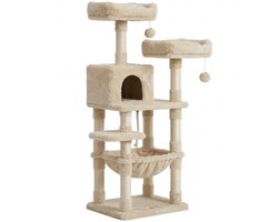 MAZAZU Krabpaal 143cm - Crème - Beige - Kattenhuis - Kattenboom - Katten - Met Hangmat - Ligmand - Zacht Pluche 49x49x135