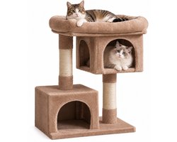 Krabpaal: MAZAZU - Krabpaal Compact - Koffiebruin - Met 2 Knusse Huisjes & Luxe Ligbed - Stevig Klimmeubel met Sisal Krabpalen - 84cm - Modern Design