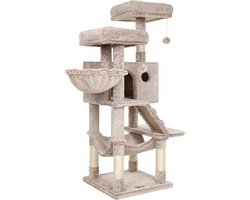 Krabpaal: MAZAZU - Krabpaal - Kattenhuis - Kattenboom - Katten - Taupe - Beige - Met Hangmat, Ligmand & Loopbrug - Zacht Pluche 49x49x135