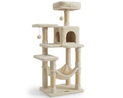 MAZAZU Krabpaal met Hangmat & Huisje - Middelgroot - Zacht Pluche - Beige - Stabiele Klimboom met Sisal Krabstammen & Speelballetjes 55x45x143