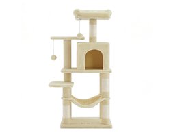 Meerlagige kattenklimpaal, kattenboomtoren, 45 x 35 x 112 cm, beige, met 4 krabpalen, 2 platforms, hangmat en kattenmand, zachte pluche bekleding, stevig houten frame, geschikt voor meerdere katten