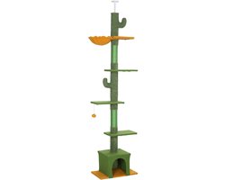 Merax Cactus Krabpaal Plafondhoog 230 tot 275 cm Groen met Kattenhuis Hanggedeelte Speelbal en Sisalpalen voor Katten tot 5 kg