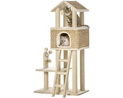 Merax Grote Krabpaal 131 cm met Kattenhuis & Speelballetjes – Katten Krabboom met Sisal Krabpalen - Ladder en Ligplateaus – Pluche Bekleding – Khaki/Beige