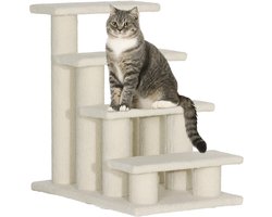 Merax Huisdierentrap 4 Treden Hondentrap Kattentrap Pluche Beige 63 cm Hoog voor Oudere Dieren Bank of Bed