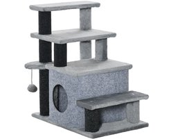 Merax Huisdiertrap met Kattenhuis – 4 Treden Huisdier Opstapje – Grijs Pluche