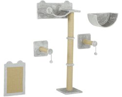 Merax Katten Klimwand 5 Delig - Wand Krabpaal met Sisal Krabpalen - Hangmat - Springplatforms - Wand Krabplank - Lichtgrijs - Voor 1-2 Katten tot 5 kg