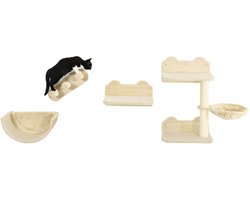 Merax Katten Klimwand Set 4-delig – Wand Krabpaal met Hängmat - Trap en Platform – Kattenmuur Meubel – Beige
