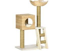 Merax Kattenboom 100 cm met Kattenhuis Pluche Kattenbed Krabpaal met Kussens en Trapje Natuurlijk Hout