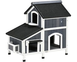 Merax Kattenhuis Hout 2 Verdiepingen Buitenhuis Weerbestendig met Asfaltdak Grijs 96x65x85 cm