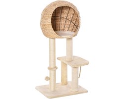 Merax Krabpaal 100 cm met Kattenhuis Sisal en Speelbal Beige voor Kleine Katten