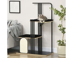 Merax Krabpaal 128 cm Zwart met Kussen en Krabplank Industrieel Design Kattenmeubel met 2 Platformen