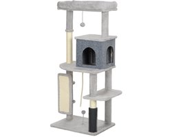 Merax Krabpaal 132 cm – Kattenboom met Krabpalen Kattenhuis Ligbed Sprongplatformen en Verzorgingsborstel – Lichtgrijs – 55x44 cm