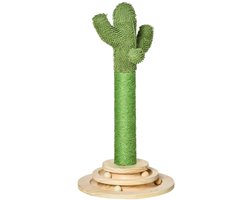 Merax Krabpaal 60 cm – Kaktus Krabstam met Sisal Speelballen en Houten Basis – Groen/Naturel – 32x32 cm