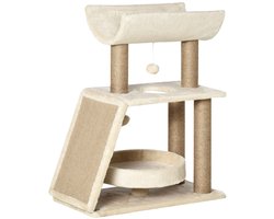 Merax Krabpaal 76 cm - Kattenboom met U-vormig Ligplatform - Kattenbed Ø34 cm - Krabmat en Sisal Krabpalen - 2 Speelballetjes - Natuurlijke Kleur - Voor Katten tot 5 kg