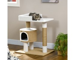 Merax Krabpaal 79cm met Kattenhuisje en Ligplek Jute Bruin Wit voor Katten tot 8kg