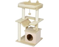 Krabpaal: Merax Krabpaal 90 cm &ndash; Kattenboom met Speelbal Hangmat Krabstammen en Kattenhuisje &ndash; Creme &ndash; 48x48 cm