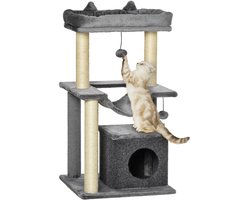 Merax Krabpaal – 90 cm Krabtoren – Hängematte – Kattenhuis – Speelboom – Sisal Krabstammen – Grijs – 48 x 48 x 90 cm