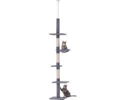 Merax Krabpaal Deckenhoch 230-260 cm – Verstelbare Kattenboom met Sisalpalen Speelplatformen en Hangmand – Grijs – 40x34 cm
