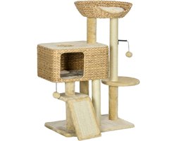 Merax Krabpaal Kat 98 cm Kattenboom met Kattenhuis Krabstammen en Speelbal Sisal Beige