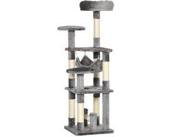 Merax Krabpaal Kattenboom 132 cm – Klimtoren met Houten Basis – Pluche – Sisal Krabpalen – Hanggedeelte – Grijs – 40 x 40 x 132 cm