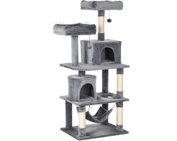 Merax Krabpaal Kattentoren met Huisje Hangmat en Sisalpalen 145 cm Hoog Grijs voor Actieve Katten